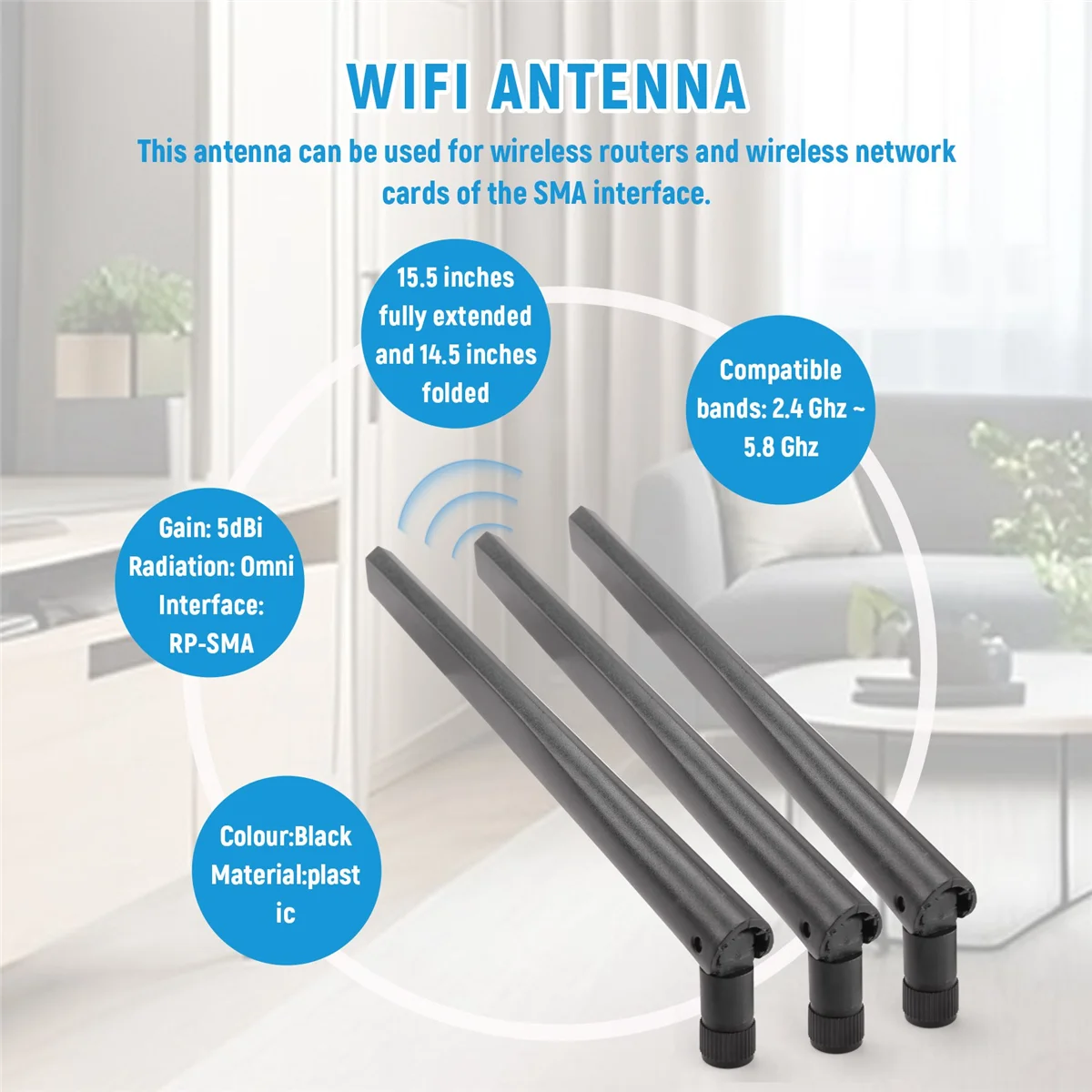 3 PCS New Metal WiFi Antenna of RP-SMA Interface with 5DBi 2.4G/5G Dual-Band Wireless Wifi Antenna for ASUS RT-AC68U