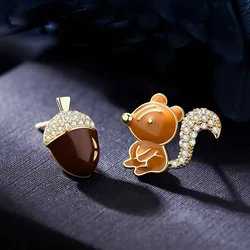 Cartoon Cute Rhinestone Squirrel Pine Cone Stud Earrings for Women Exquisite Asymmetrical Earring Unusual Jewelry Halloween Gift