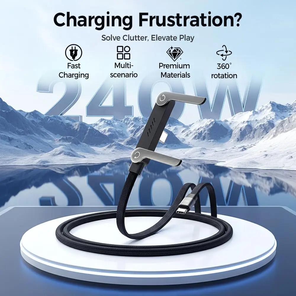 2-in-1 Type C Charger Cord & Phone Stand Invisible 90°Ellow Holder Charger Cable 240W High-speed Quick Charging Data Line