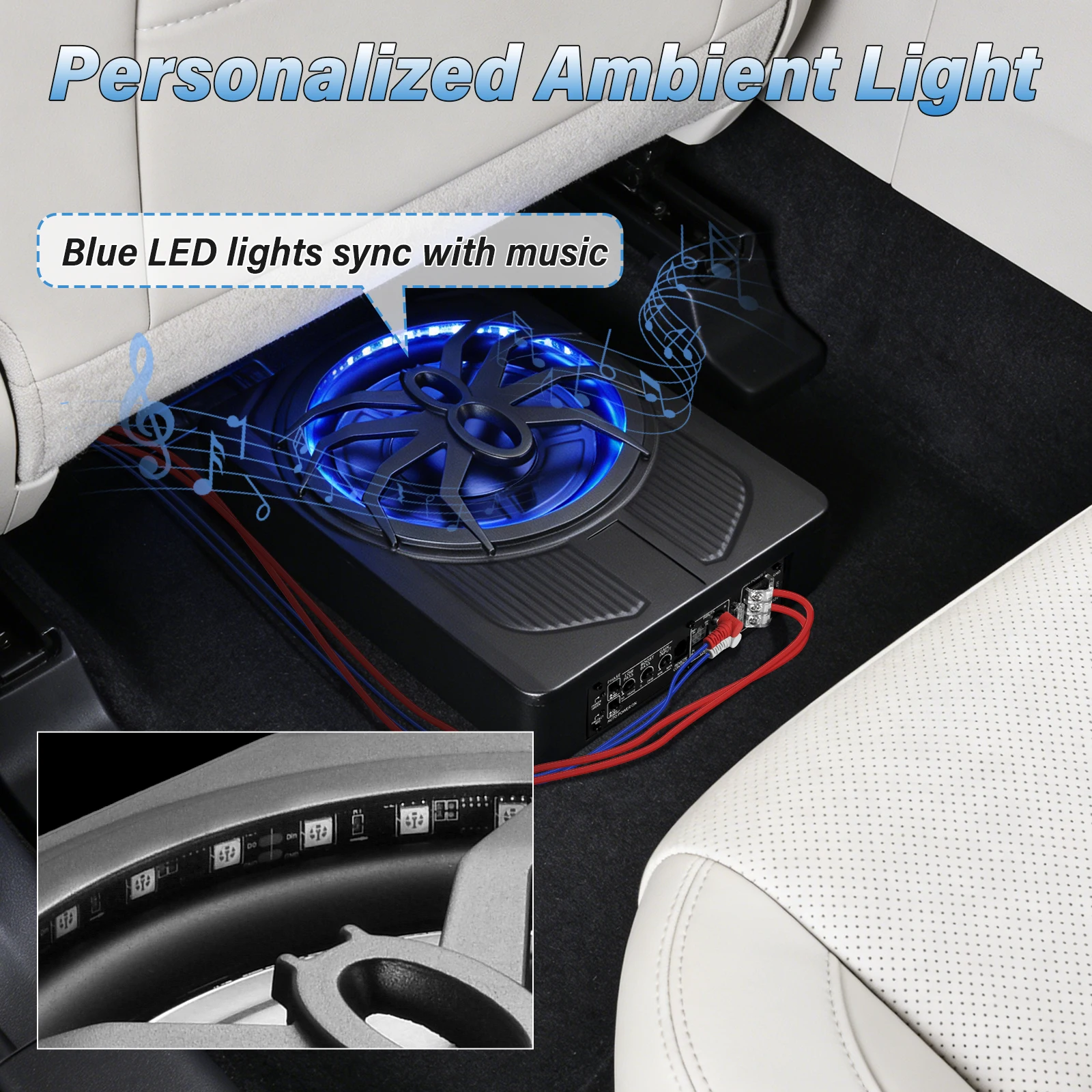 10 Zoll Aktiver Untersitz-Subwoofer mit Blauer LED-Beleuchtung, Kompakter Auto-Subwoofer für LKW, SUV, Fahrzeuge mit Begrenztem Platz, Kraftvoller Bass – Detail 9