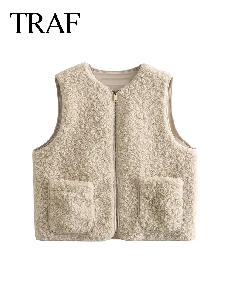 

TRAF Winter 2024 Casual Sleeveless Plush Faux Fur Vest Cropped Woman Jacket Women Streetwear Outerwear Women Zip Warm Vests