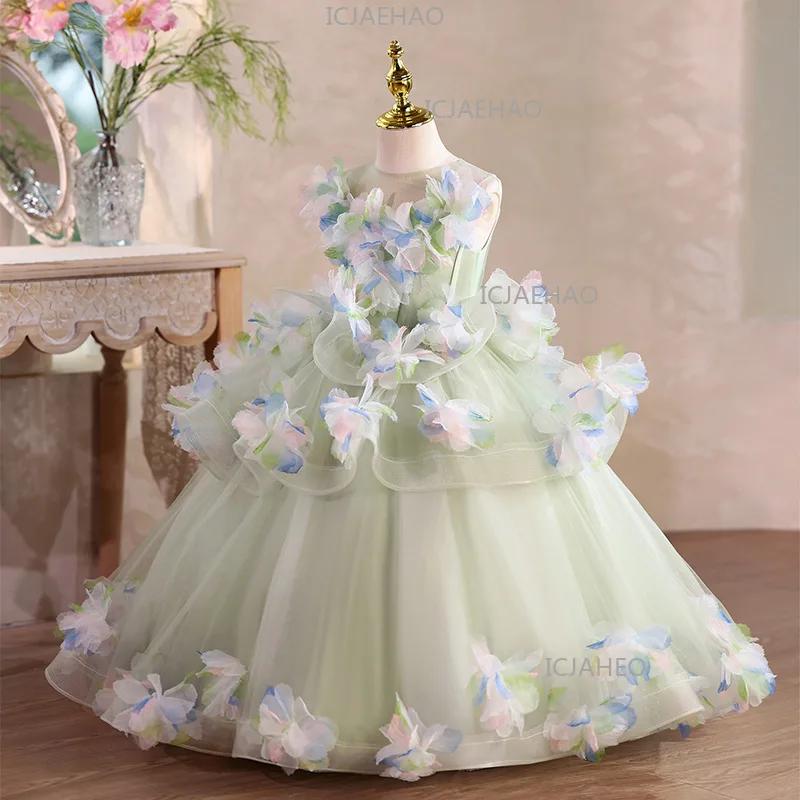 Kids Formal Host Clothes Green Floral Elegant Children Girls Birthday Party Princess Gown Runway Performance Pageant Costume