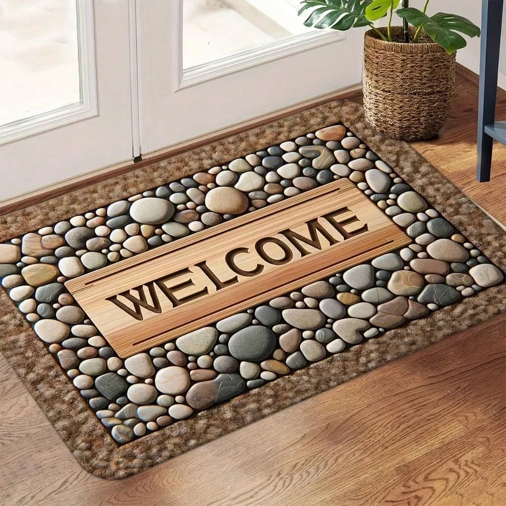 

1pc Welcome Doormat 3D Stone Rug Pebble Welcome Mat Outdoor Indoor Non-Slip Front Door Entryway Rustic Bathroom Decor