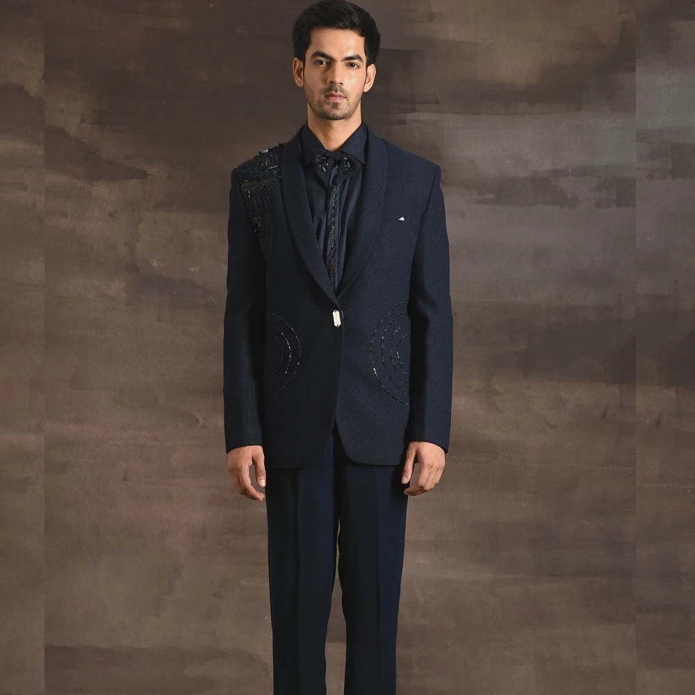 

Olibexley Black Crystal Embellished Gem Tuxedo Men Suit Beaded Male Prom Blazers 2 Pieces Set Wedding Groom Customized S002