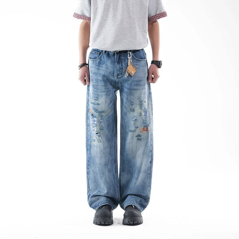 

Men Heavy Industry Jeans Distressed Wide Leg Vintage Patchwork Ripped Denim Pants Light Blue Casual Streetwear No Accessories