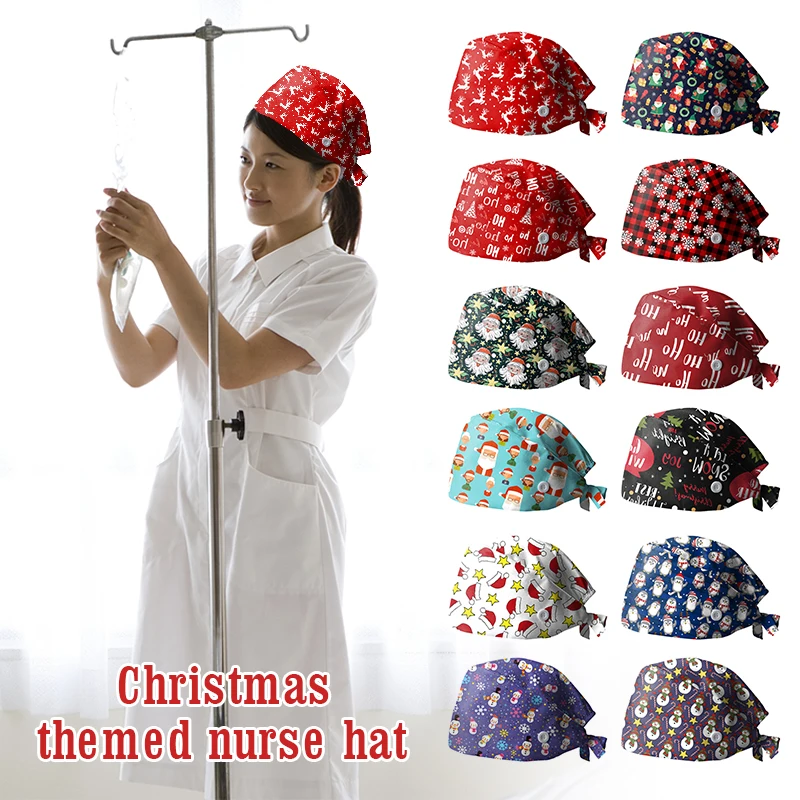 

Unisex Scrub Cap Cartoon Christmas Printing Scrubs Hat Women Buttons Beauty Salon Pharmacy Caps Lab Pet Doctor Surgicals Cap