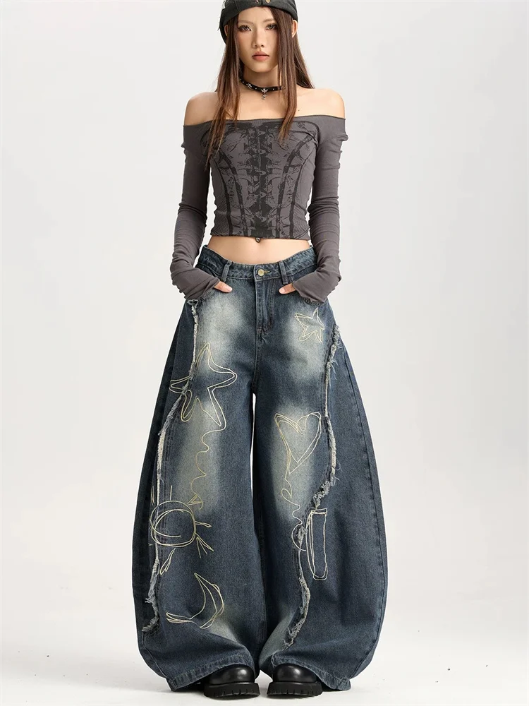 

American Vintage Blue Wide Leg Curved Hem Jeans for Women 2025 Autumn New Loose Washed Embroidered Long Pants