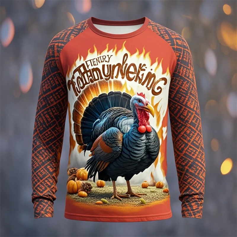 Thanksgiving Day Men's Long Sleeve Shirt 3D Turkey Print Men's Long Sleeve Clothing Street Fashion Holiday Party Oversized Tees