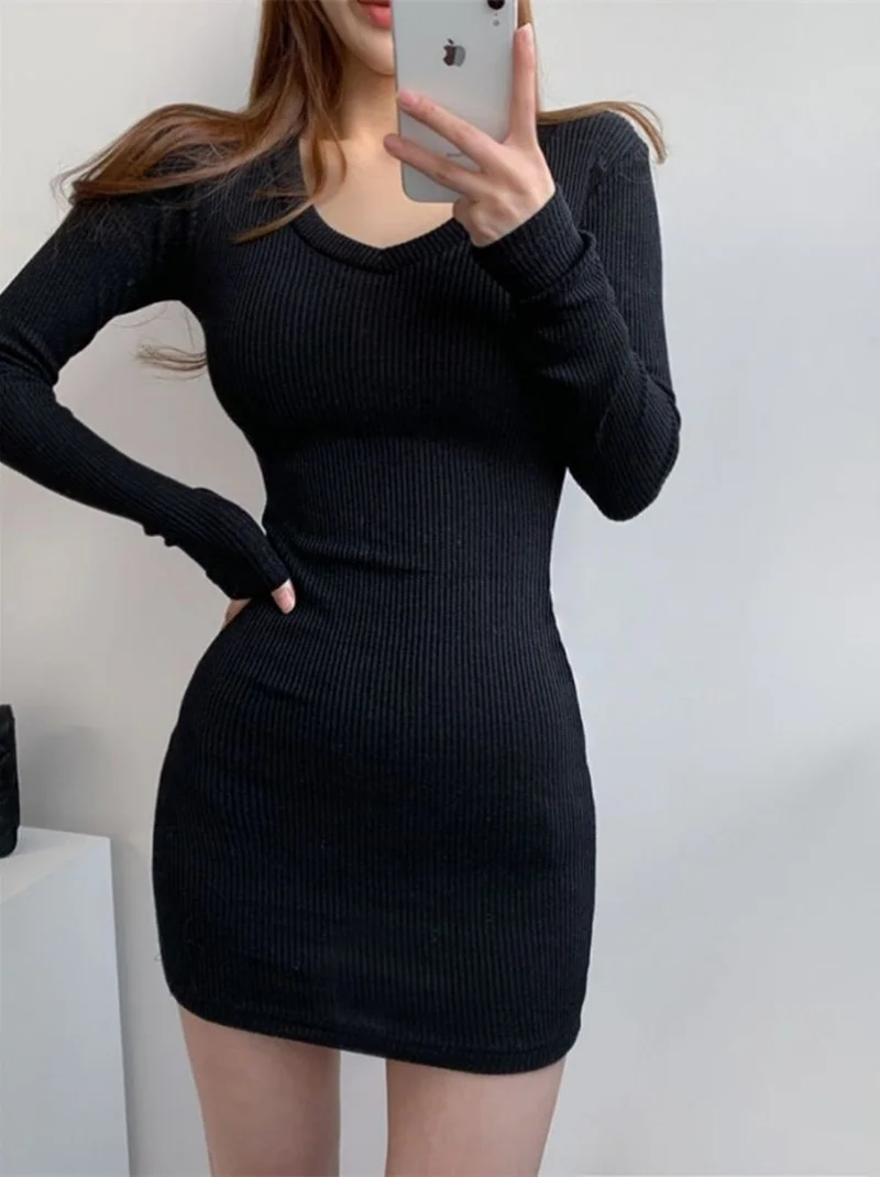 فساتين قصيرة مثيرة على شكل حرف v للنساء موضة كم طويل سليم صالح الصلبة الخريف مطوي Bodycon عادية مطاطا حفلة تانك Vestidos #6