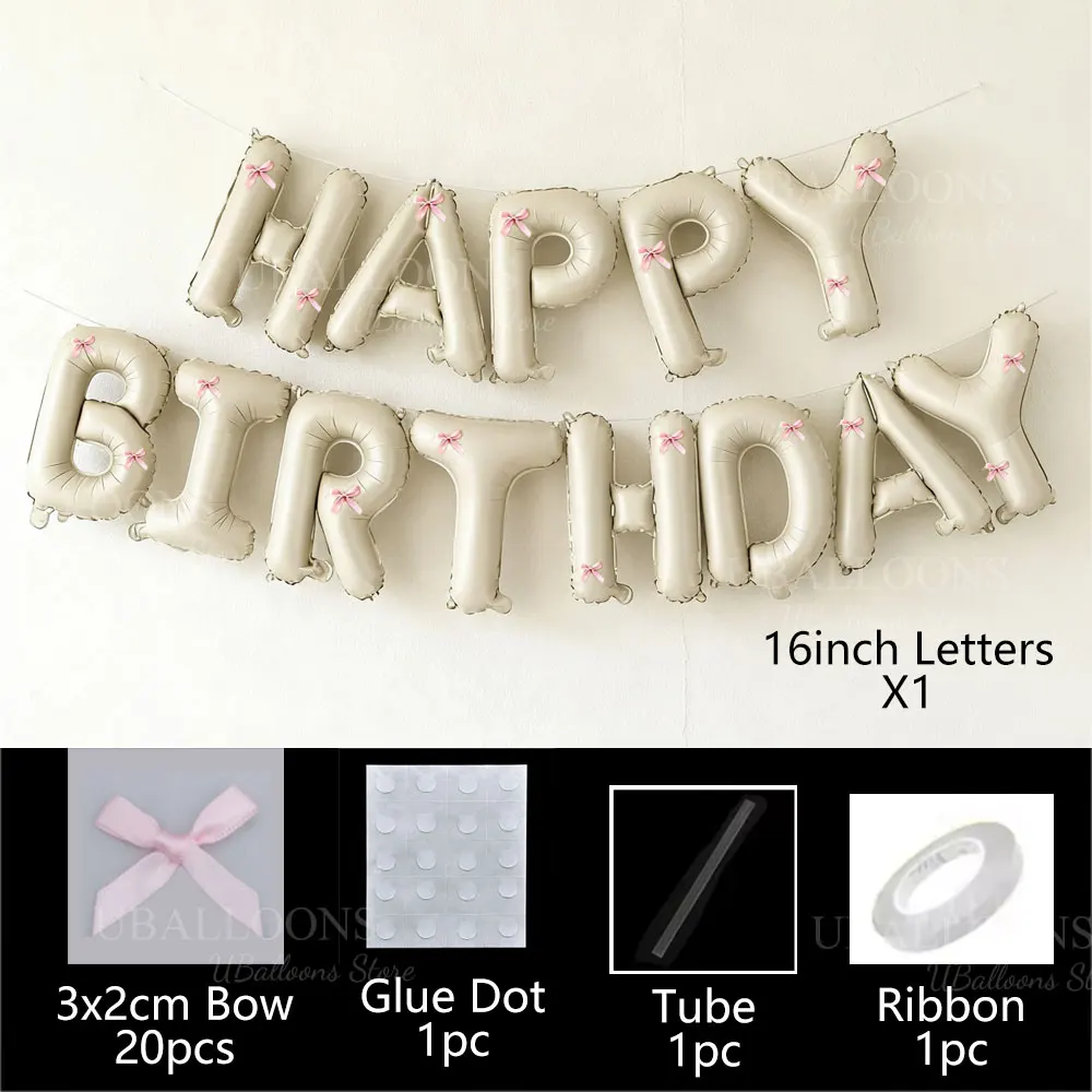 Cremefarbene Happy Birthday-Luftballons mit rosa Schleife, 40,6 cm, beige, „Happy Birthday“-Buchstaben, Ballonbanner für Schleife, Kokette, Geburtstagsdekoration – Detail 2