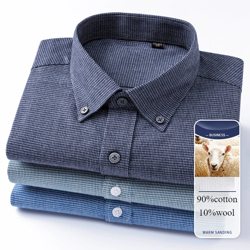 Hight qulity wool long sleeve shirts for men slim fit casual shirt houndstooth cotton brushed clothes soft elegants office tops