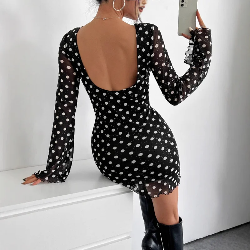 

2025New Elegant Ladies Mesh Polka Dot Print Round Neck Backless Long Sleeve Dress