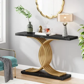 Image Gold Entryway Table, Modern 39-Inch Console Table Accent Table with Geometric Metal Legs