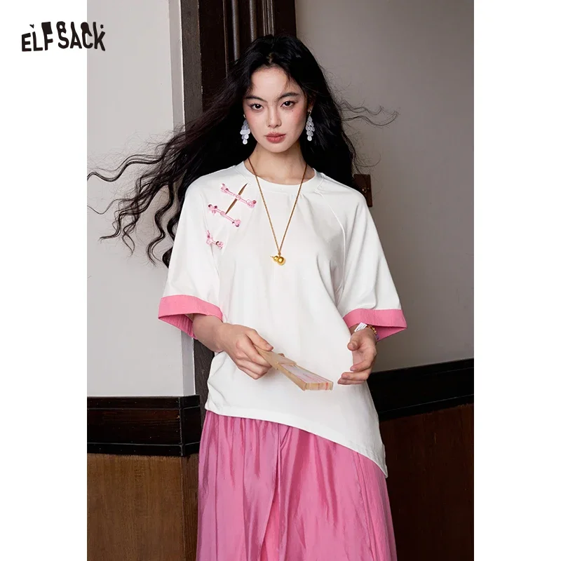 ELFSACK  New Chinese Style Frog Button T-Shirt,  Block Casual Tee, Loose Fit Short Sleeve Summer Top