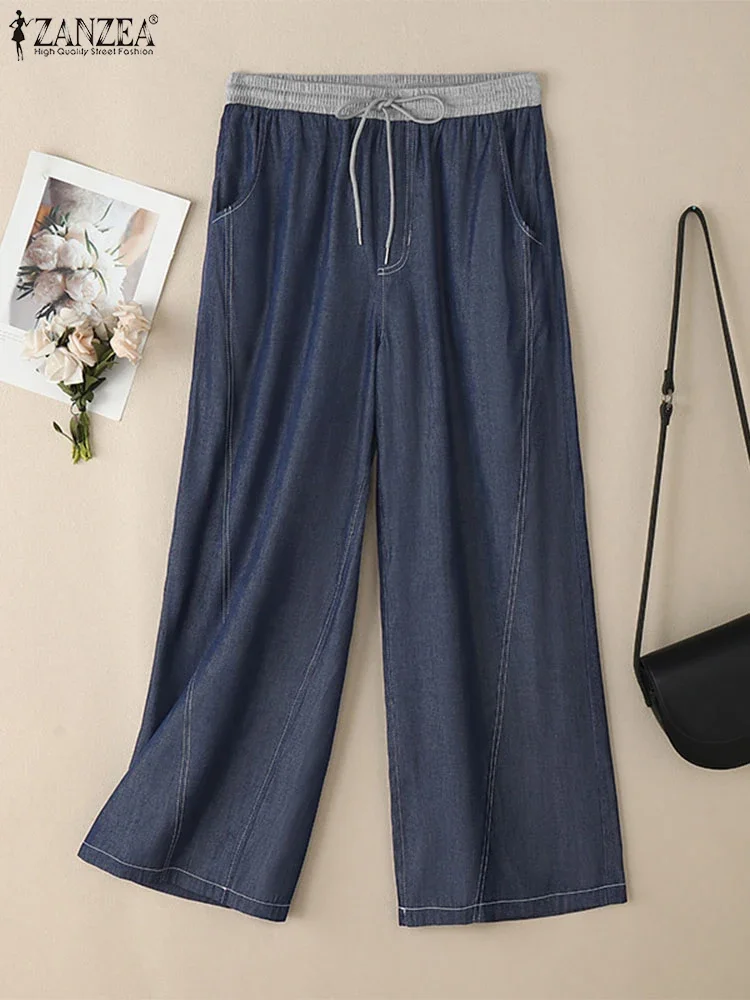 ZANZEA femmes Denim pantalon à jambes larges 2025 poches décontractées taille élastique pantalons longs mode plissé à lacets pantalon bas ample