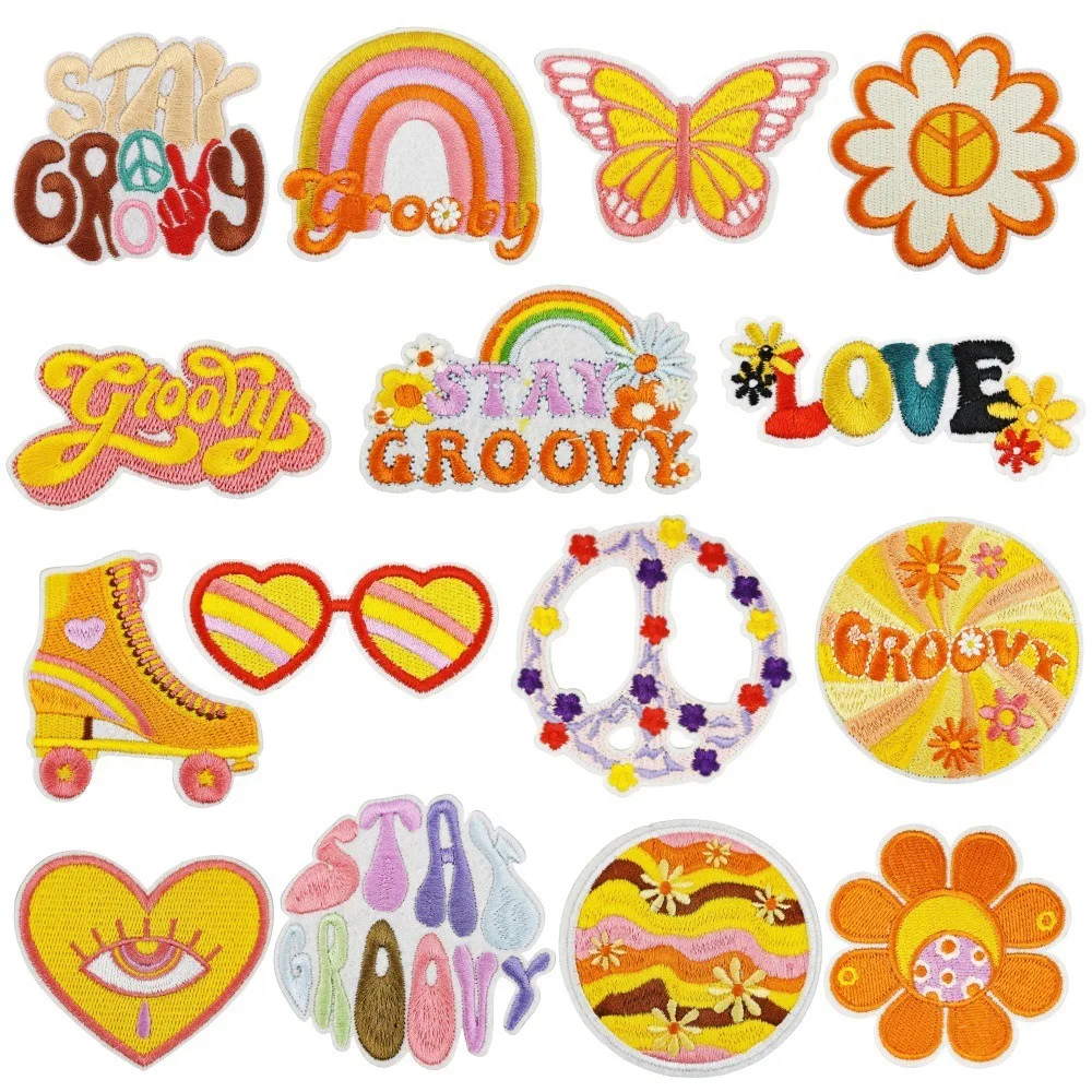 Groovy Eye Embroidered Badge Cartoon Daisy Artistic Appliques Cartoon Skates Sunglasses Iron on Patch Peace Logo Thermo Stickers