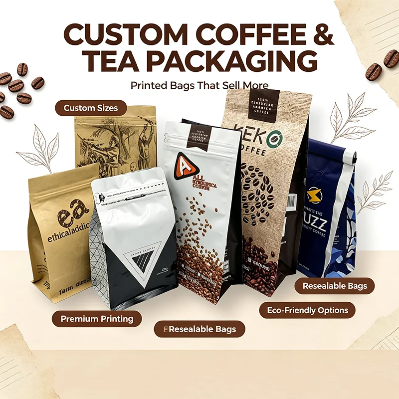 500PCS High Quality Custom Eight-Side Seal Stand-Up Pouches, Food Packaging Bags, Aluminum Foil Bags, for Coffee ,Nuts,Snack