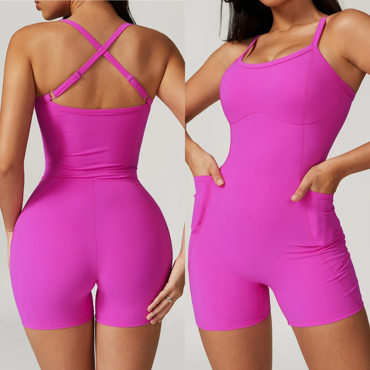 

One Piece Yoga Jumpsuit Push Up Fitness Outfits Pocket Gym Workout Clothes for Women Shorts Sport Bodysuit Tracksuit Slim Fit