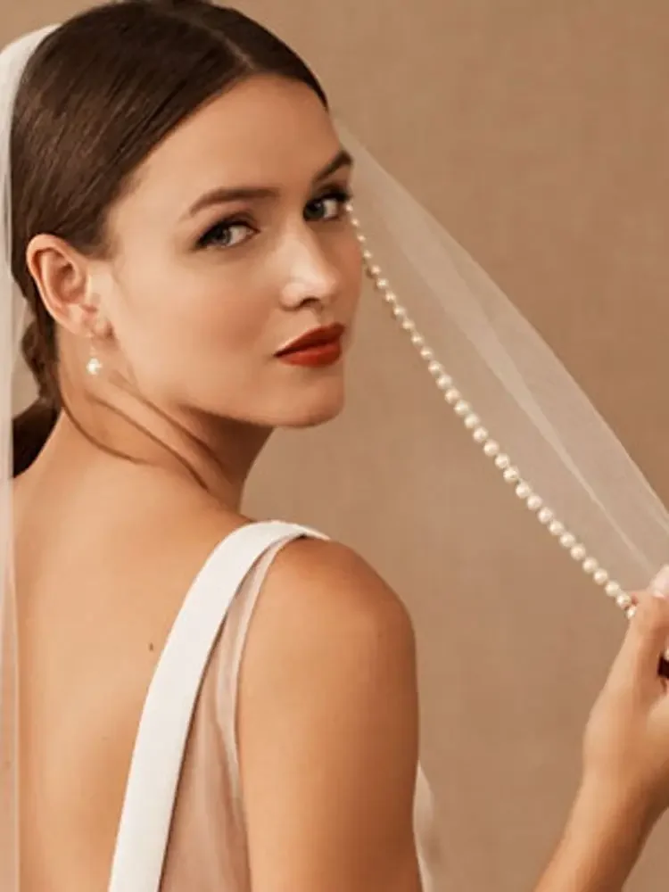

TOPQUEEN V119 Young Chic Wedding Veil With Pearls Edge For Wedding Dresses White Veils for Women Wedding Noivas