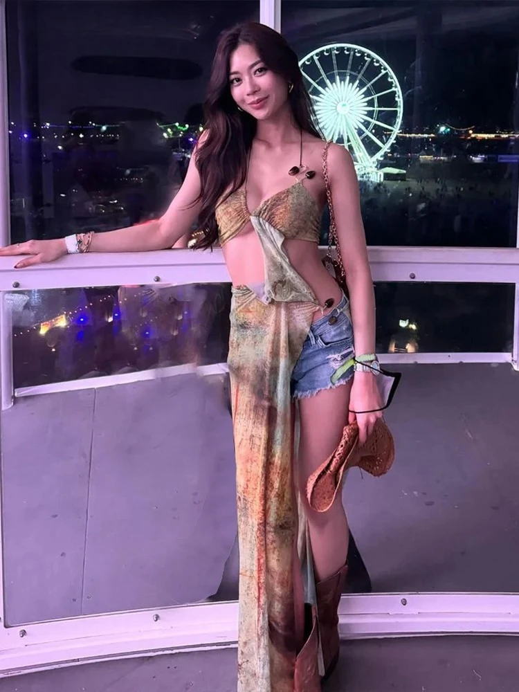 Summer Women Mid-Calf Sexy Mesh Dress K24D46937 Girl Print Halter Cut Out Side Spilt Vestido One Piece Robe Attirewear