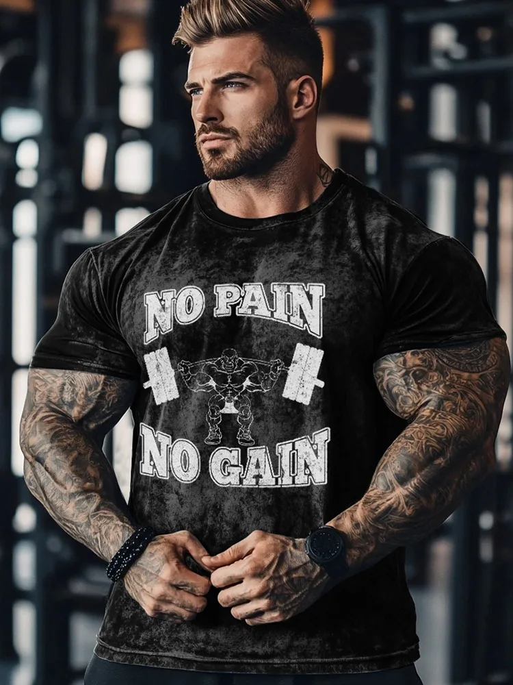 

Футболка из стираного хлопка с графическим рисунком Gym No-Bain No Gain, мужская одежда для улучшения мышц, 2024, летние топы для любителей фитнеса с короткими рукавами