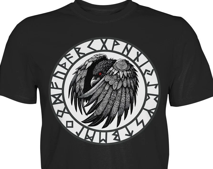 Viking T-Shirt Corvus Runes Nordic Mythology, Hugin Odin's Ravens Black Raven Nordic runes Mystical Raven Rune Circle