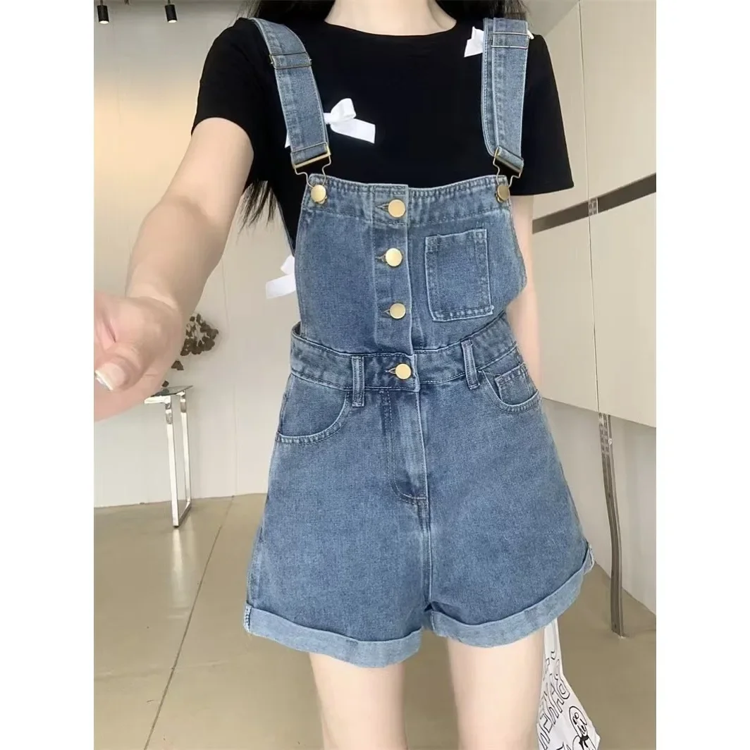 ハイウエストストレートデニムオーバーオール レディース 春夏新作 シングルボタン カフ付きショートパンツ プラスサイズ ワイドレッグパンツ