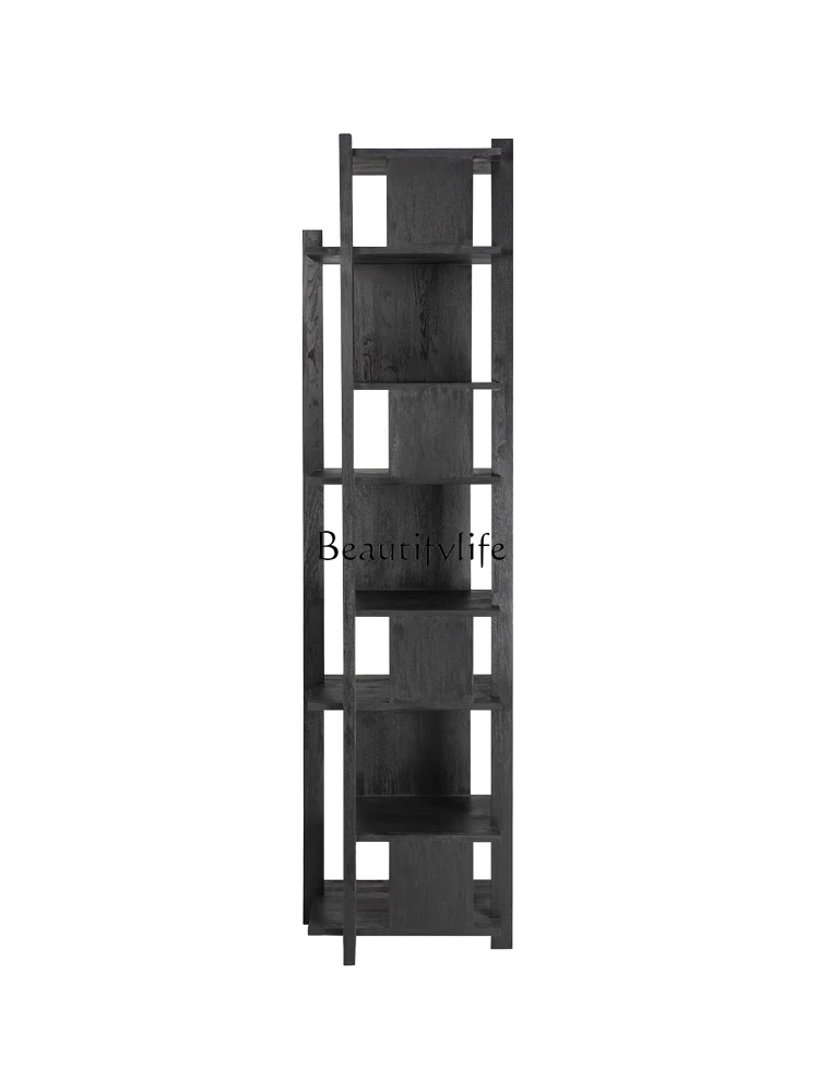 Vertical Bookshelf Solid Wood Display Black Oak Leather High Column Shelf