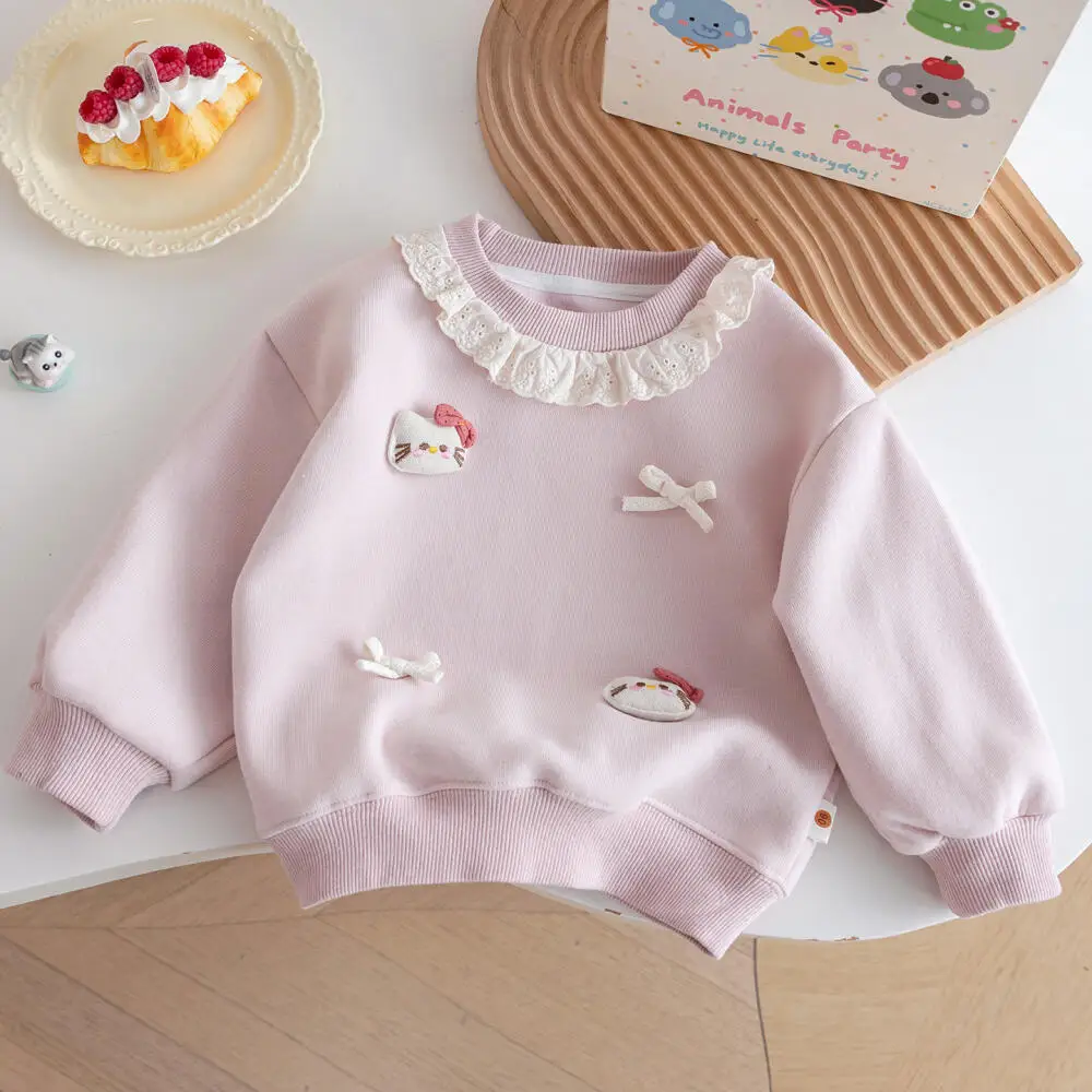 Sanrio Hello Kitty Girls Cotton Cartoon Sweatshirt New Lace Collar Top Cute Casual Korean Style Pullover Children's Clothing - view 2