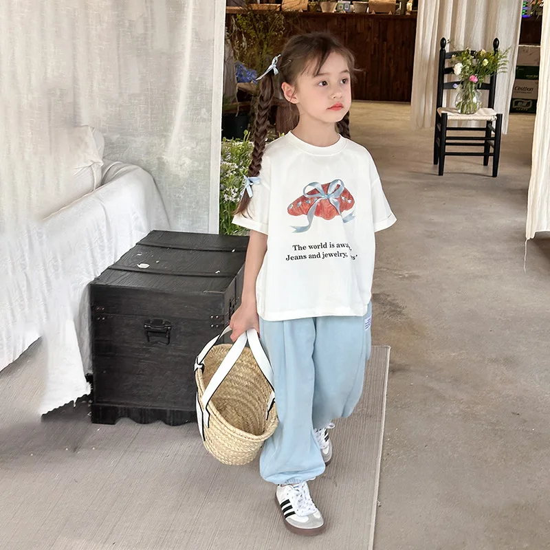 Children Clothing Kids Casual Cartoon Print Cute Pattern T-shirt 2024 Summer Girls Korean Style Bow Short Sleeve Casual T Shirt