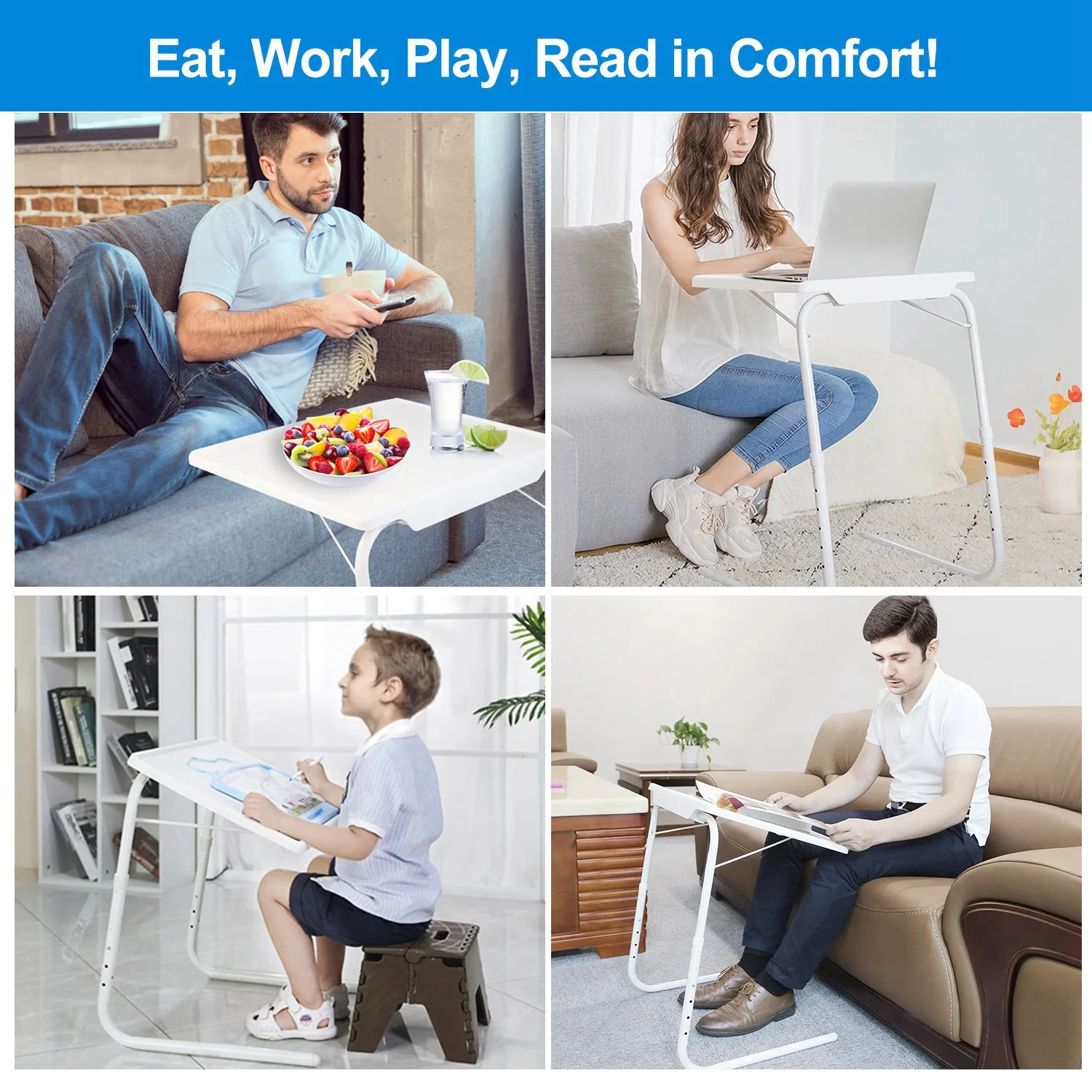 Adjustable Folding TV Tray Table Portable Laptop Desk with Cup Holder Book Stand Tablet Slot 6 Height Settings 3 Tilt Angles Multi Functional Dinner Tray for Eating Working on Sofa Couch Bed White