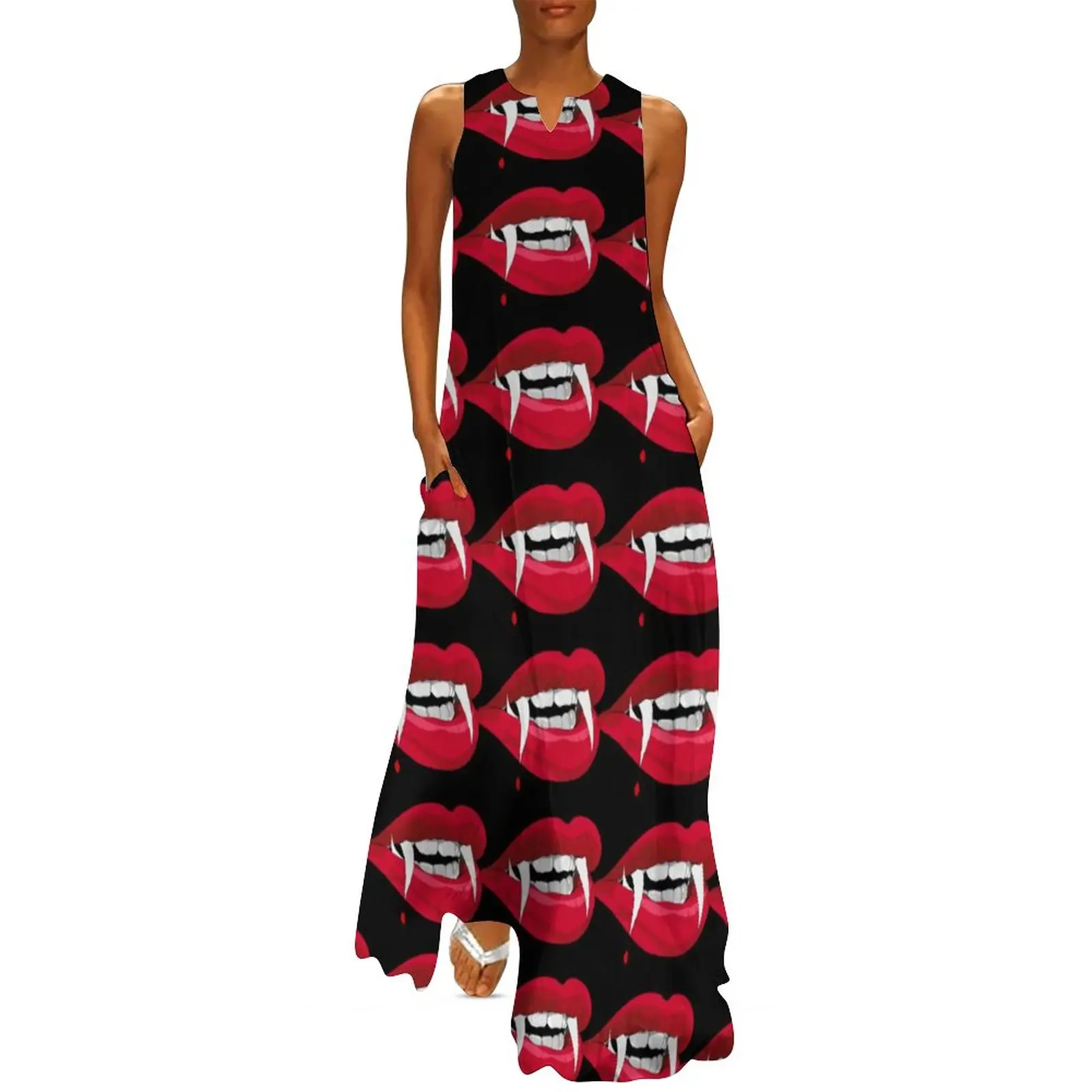 Fangs And Lips Dress Halloween Bite Me Vintage Maxi Dress Streetwear Bohemia Long Dresses Summer V Neck Graphic Clothes Big Size