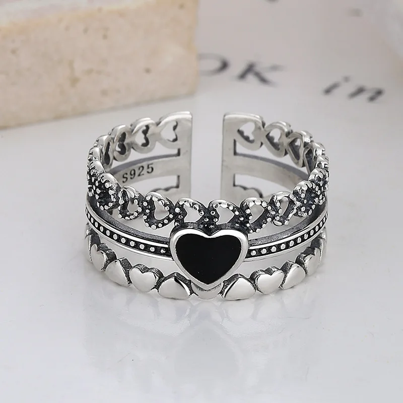 925 Sterling Silver Retro Heart Three Layer Adjustable Open Ring Unique Personality Finger Band Vintage Fashion Accessories
