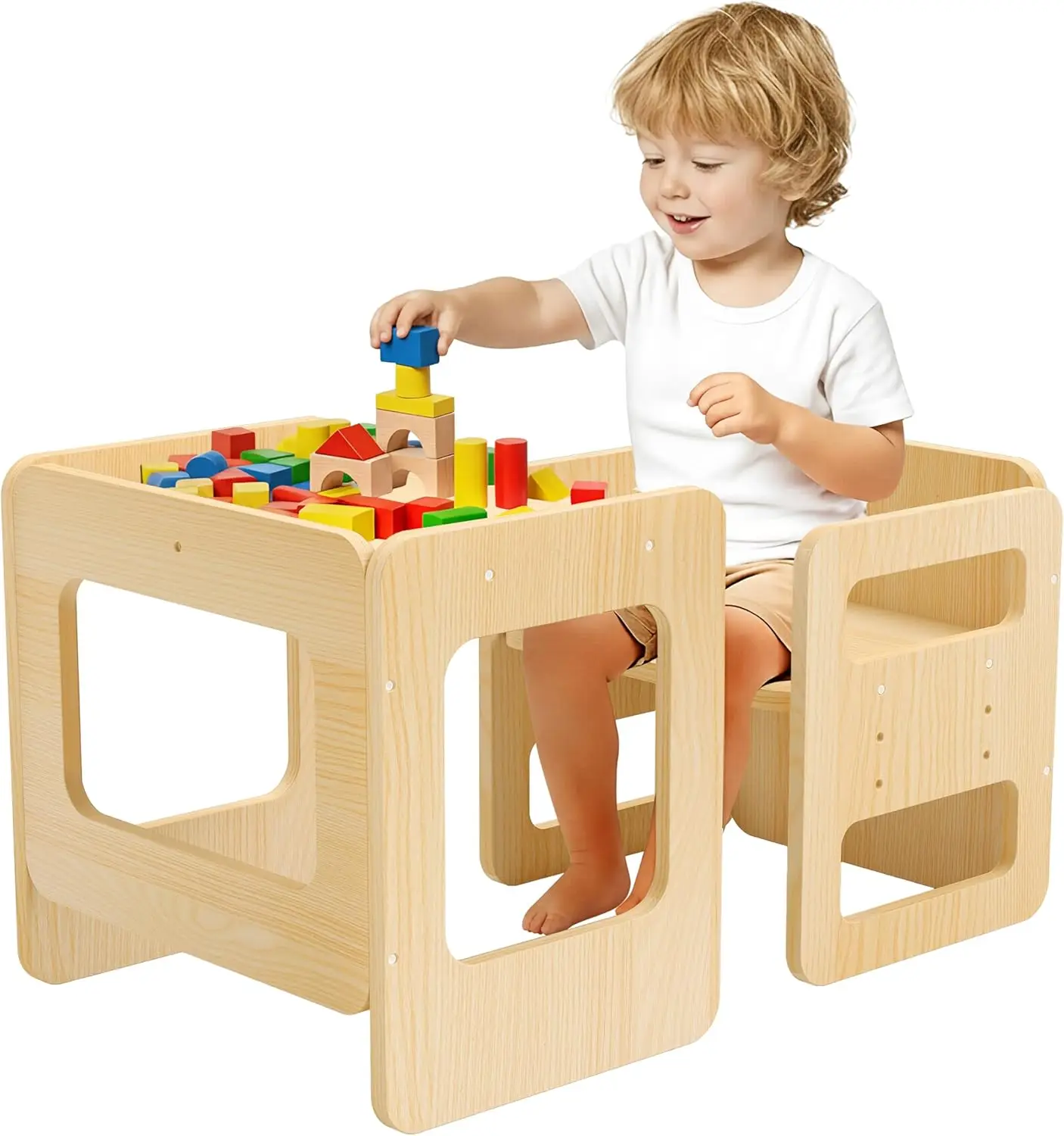 

Регулируемый набор стола и стульев Монтессори для малышей - безопасная деревянная мебель для занятий, еды и игр