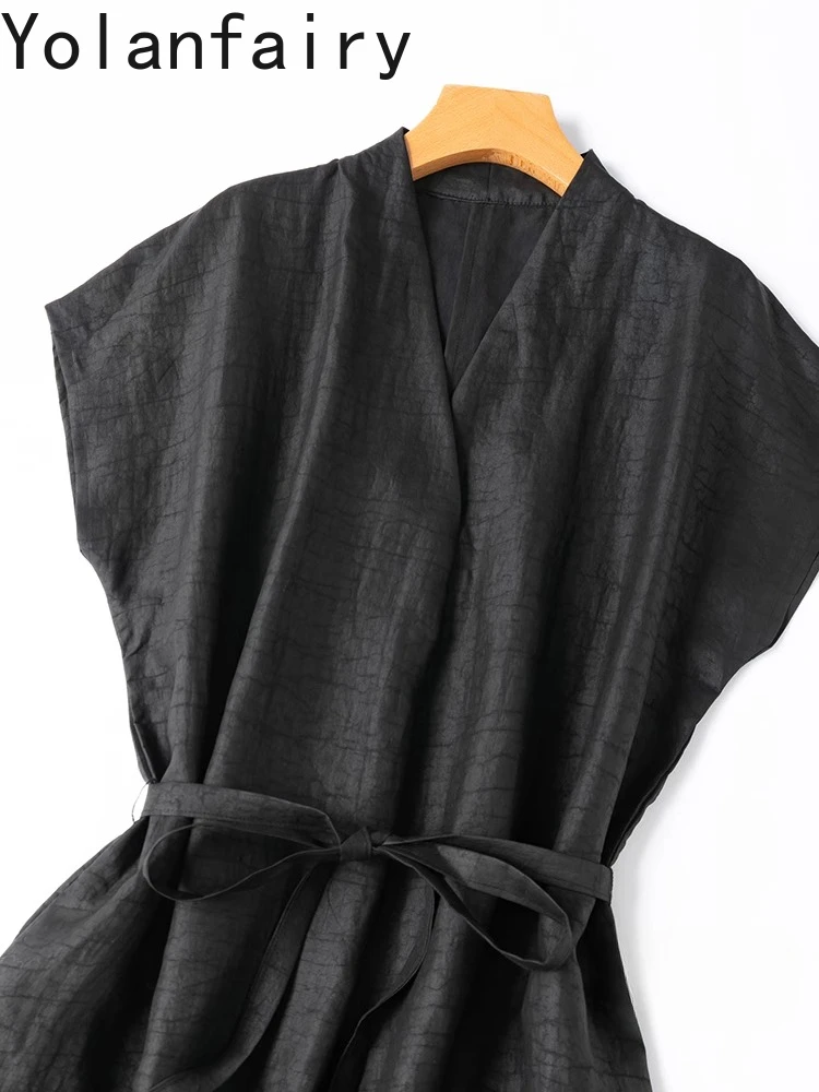 YOLANFAIRY High-end Gauze Silk Summer Dresses 2025 Woman Loose V-neck 100% Mulberry Silk Black Dress Lace-up vestidos para mujer