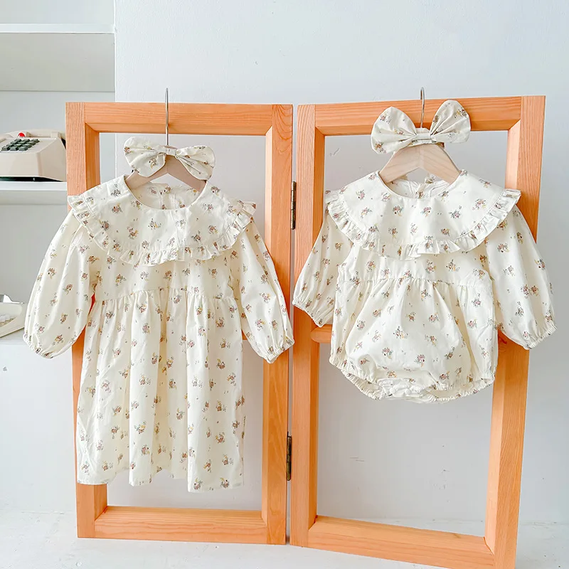 Girls Floral Dress 2023 Spring Autumn New Toddler Long Sleeve Korean Princess Dresses Newborn Infant Beige Romper Sister Outfit