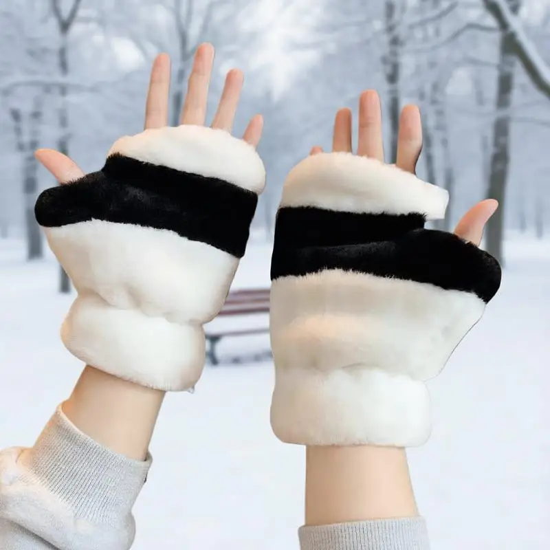 

Зимние теплые женские перчатки-варежки для студентов, плюшевые, без пальцев, с мультяшным рисунком, милые, утолщенные, с изображением панды, черно-белые