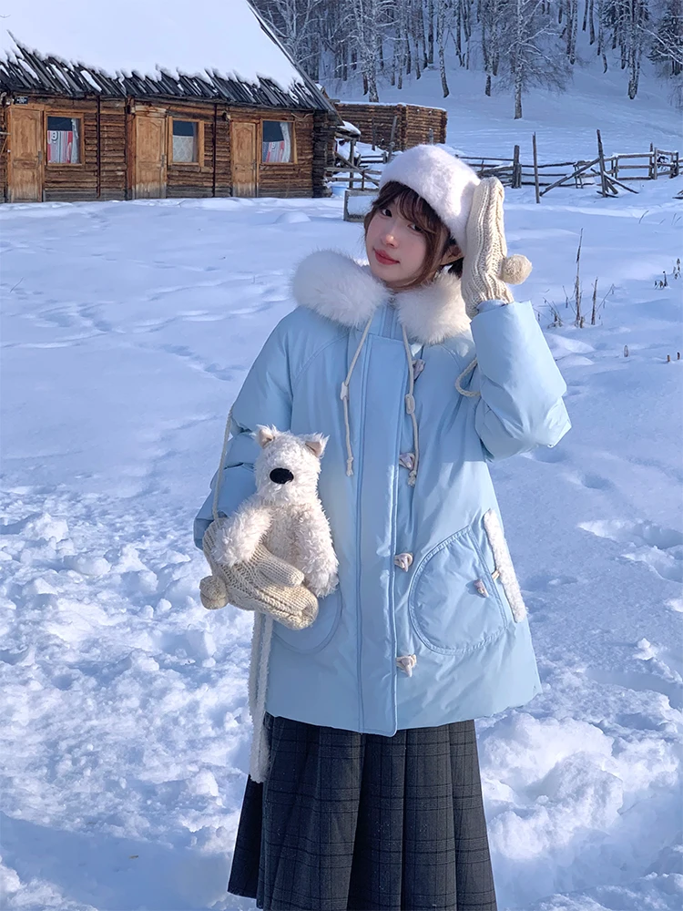 

Holid Map Baby Blue 90 White Du down Jaet Длинное пальто с меховым воротником Thiened Зимняя верхняя одежда для молодых женщин