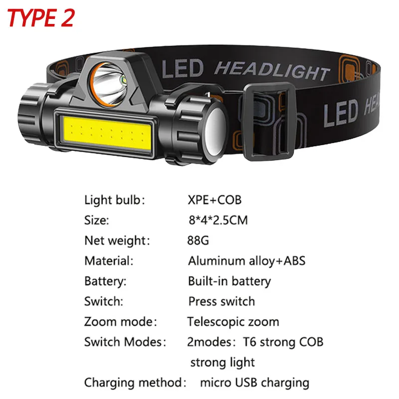 Powerful COB LED Headlamp Camping Headlight Waterproof Head Lamp for Outdoor Lighting Night Running Adventure Hiking Emergency