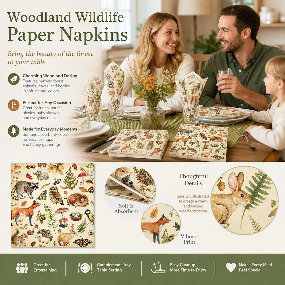 1Pack Woodland Animal Napkins(20pcs) Disposable Serviettes Neutral Baby Shower Cottagecore DIY Decoupage Table Tissue