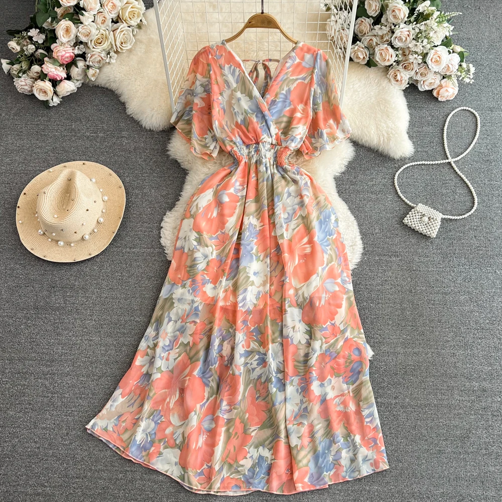 Vestido longo do chiffon amarelo para mulheres, projeto floral, estilo do boho, vintage, pescoço de v, luva curta, ruched, estilo boêmio, verão