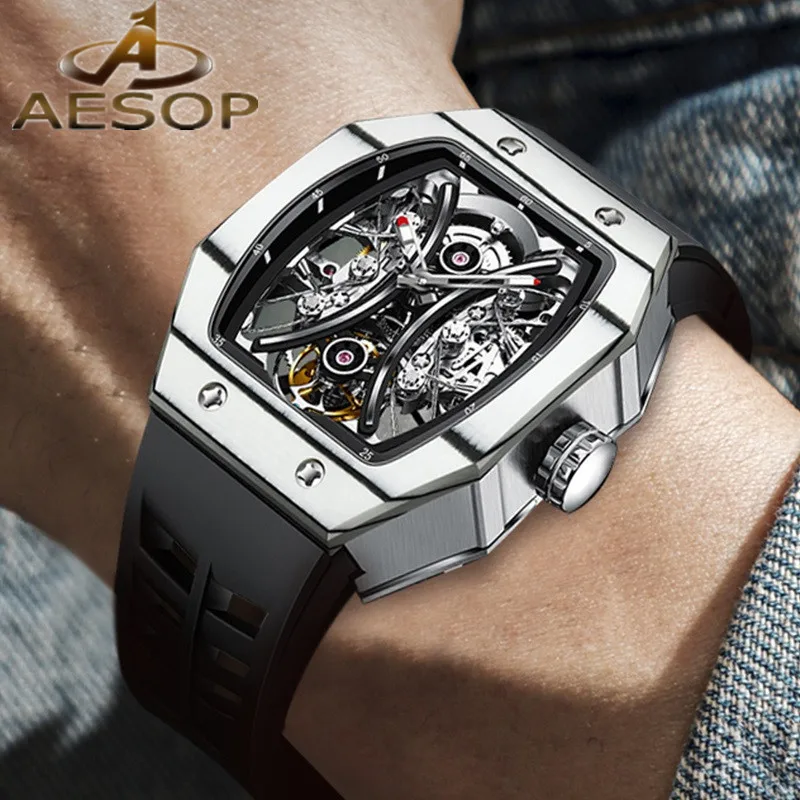 AESOP Original Men Casual Tourbillon Skeleton Automatic Wristwatch Sapphire Crystal Male Tonneau Carbon Fiber Case Flying Wheel