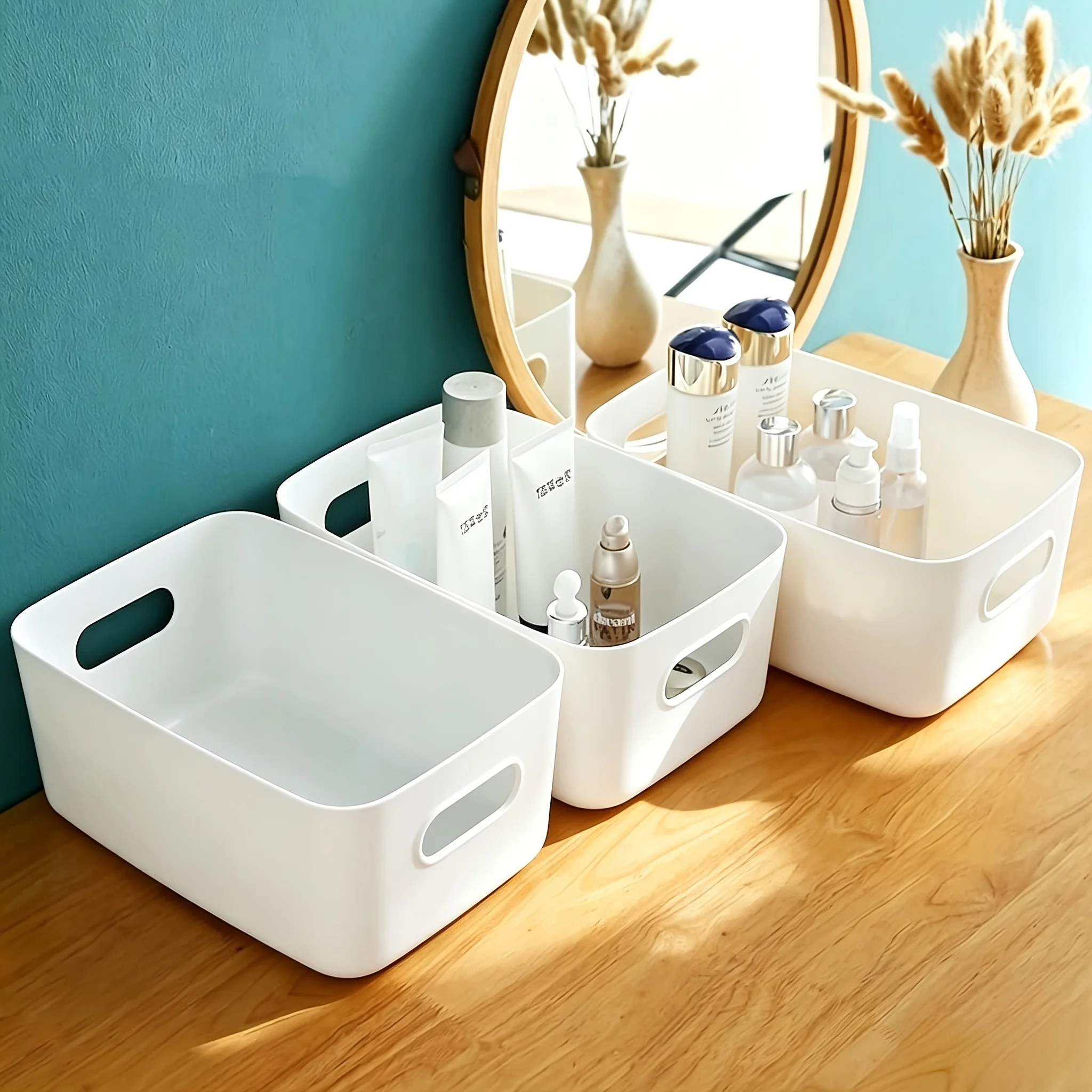 3pcs Portable Desktop Storage Box, Bathroom Kitchen Dormitory Miscellaneous Storage Baskets,Stackable Plastic Open Storage Boxes