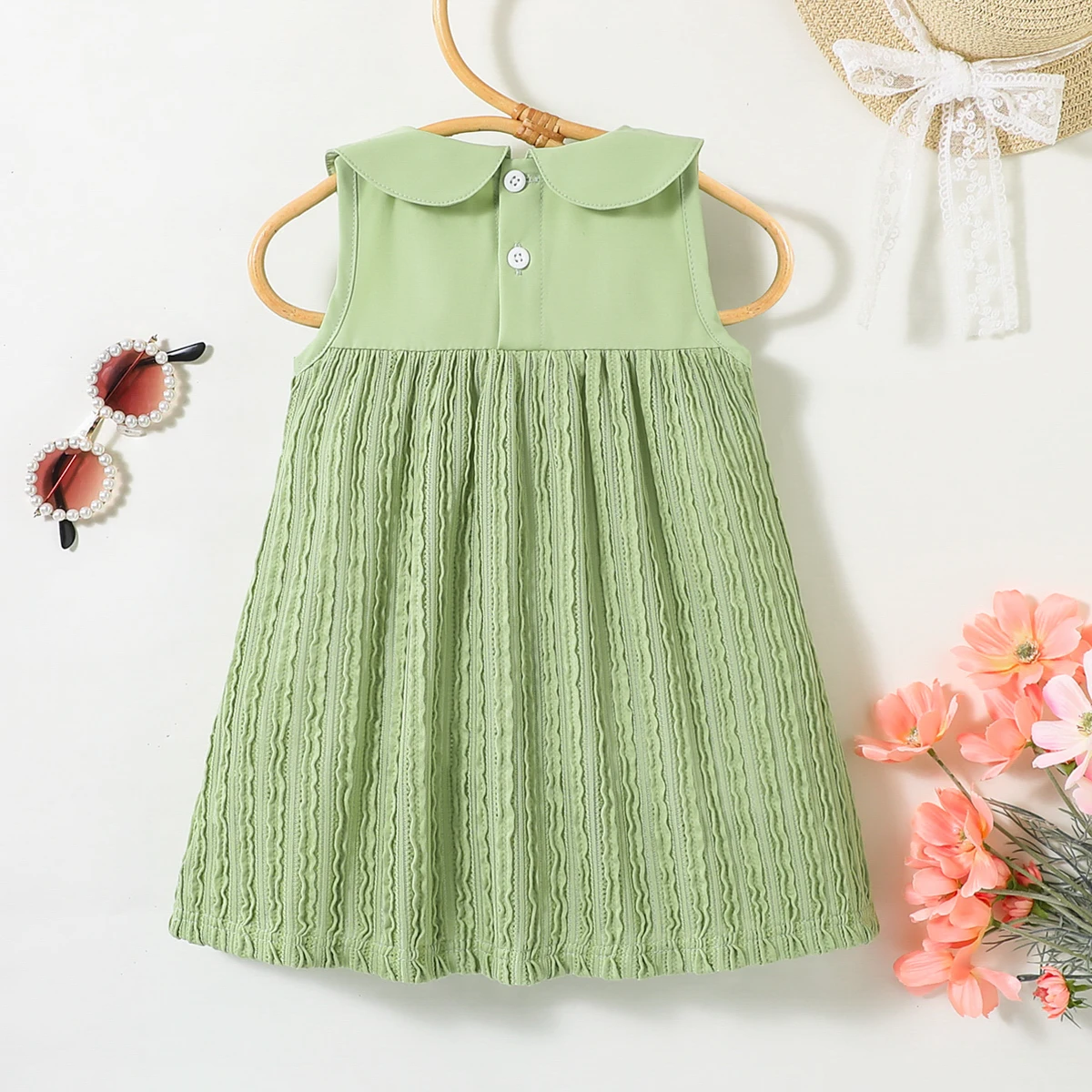 6-month-2-year-old Summer Sweet and Cute Girl Baby Doll Neck Spliced Tassel Back Open Barrel Button Sleeveless Dress One Piece