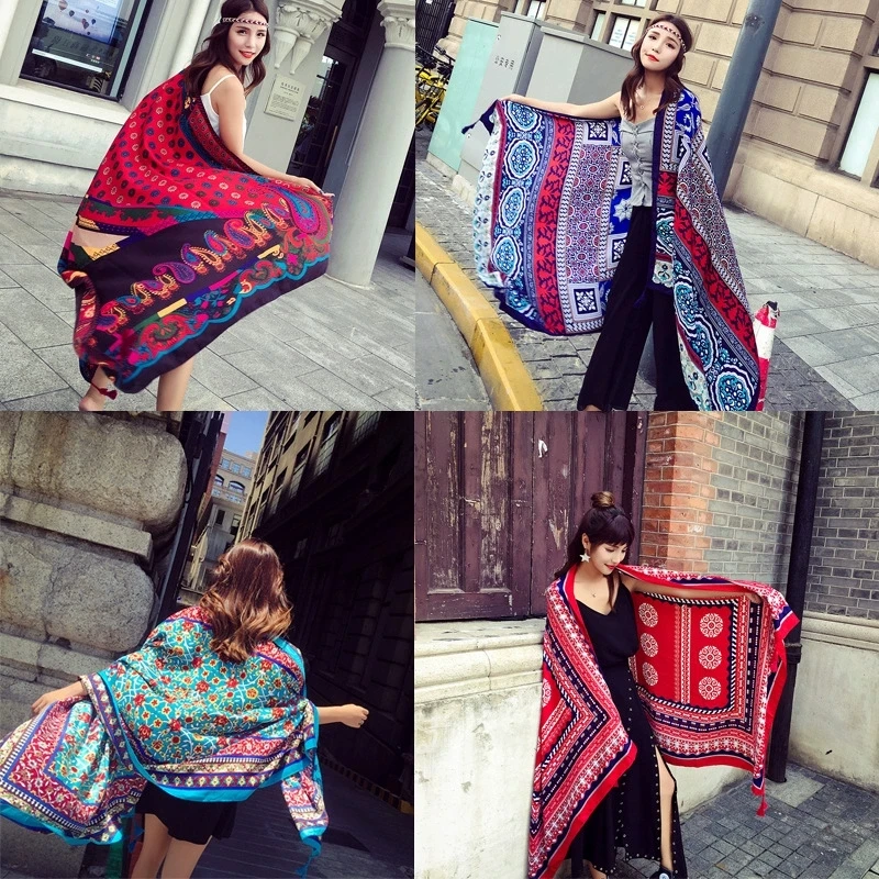 Summer Women Large-size Printed Cotton Linen Beach Shawls Muslim Hijabs Ethnic Scarf Travel Sunscreen Scarf/Scarves image 2