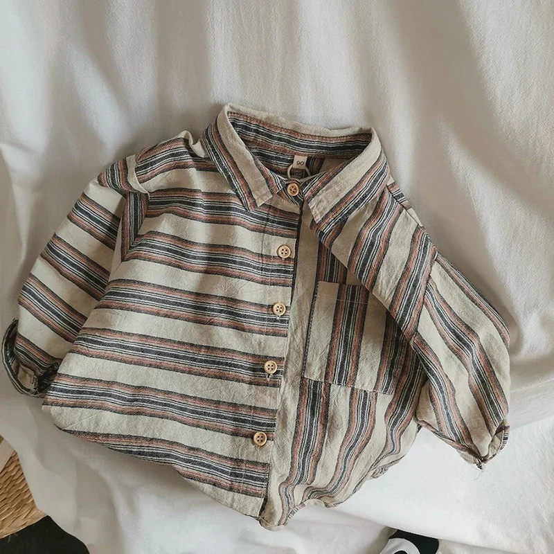 

Children's Retro Striped Irregular Cotton Linen Shirt Autumn New Korean Literary Baby Boys Buttons Long-Sleeved Shirts WT055