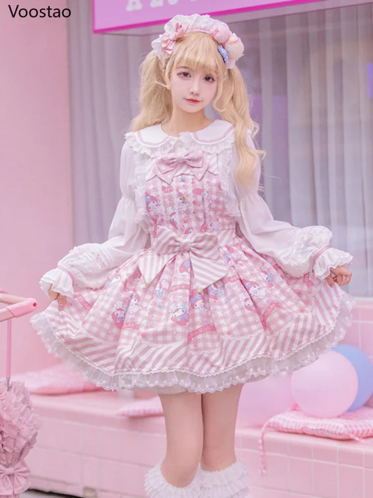 

Sweet Lolita Style Cartoon Print Princess Dress Women Cute Bow Lace Party Strap Dresses Girly Harajuku Kawaii Y2k Mini Vestidos