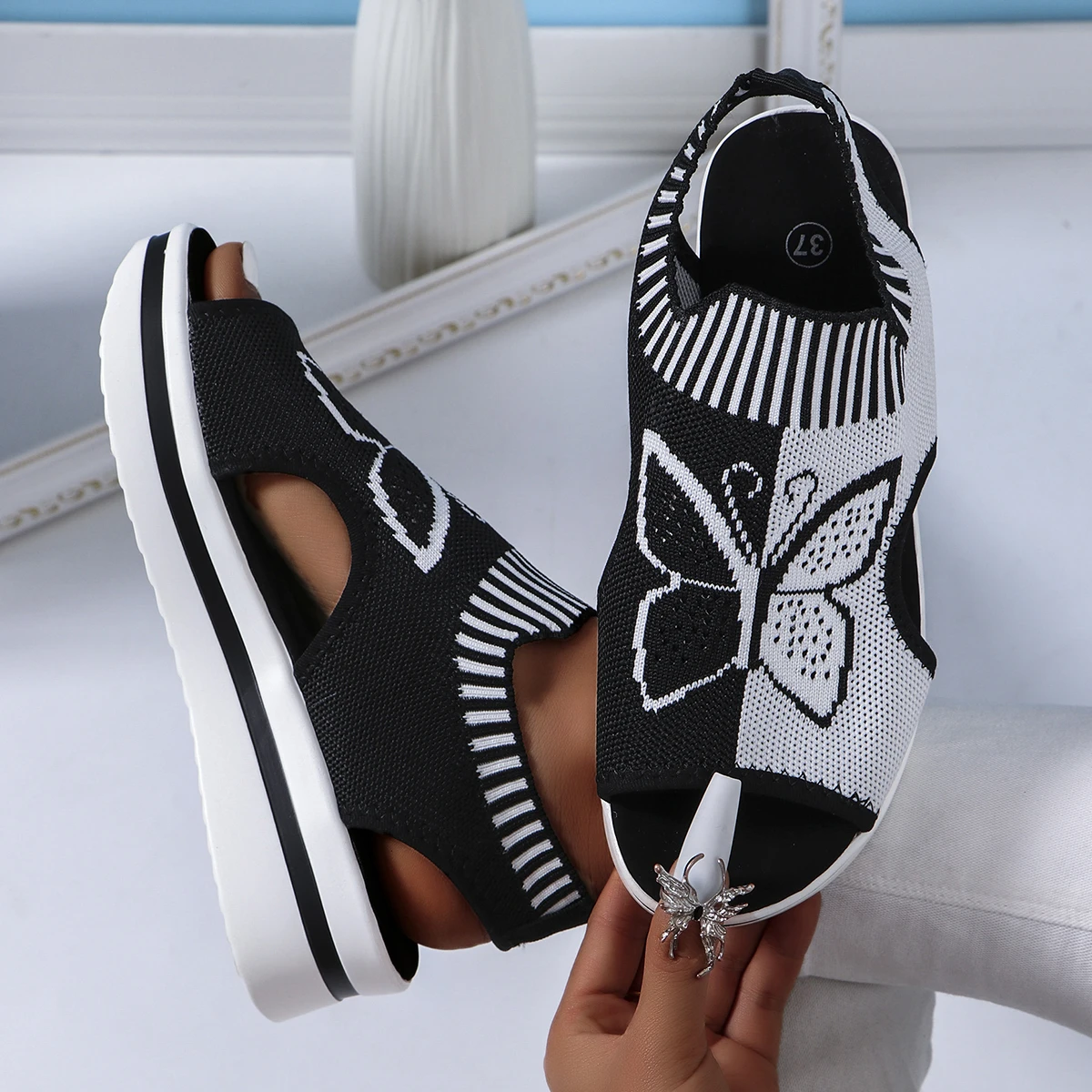 

Women's Roman Flat Sandals Mesh Fish Mouth Casual Low Heel Summer Thick-soled Shoes Sports Wedge Heel Beach Comfortable Sandals