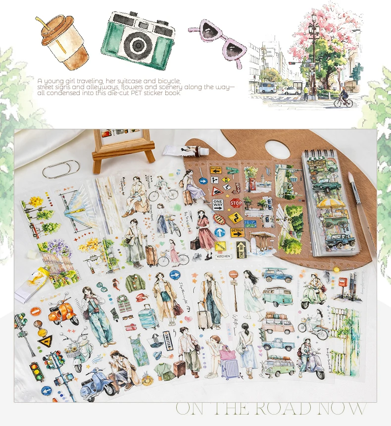 Journal GO Reise-Themen-Aufkleberbuch, 50 Stück Aquarell-Landschafts- und Personen-PET-Aufkleber für Planer, Karten, Tagebücher und Scrapbooks – Detail 4