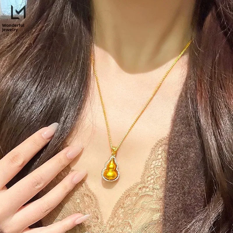Pure Copper Plated 18K Gold Drill Big Gourd Pendant Necklace Hollow Smart Lucky Clavicle Chain for Girlfriend Gifts For Women's